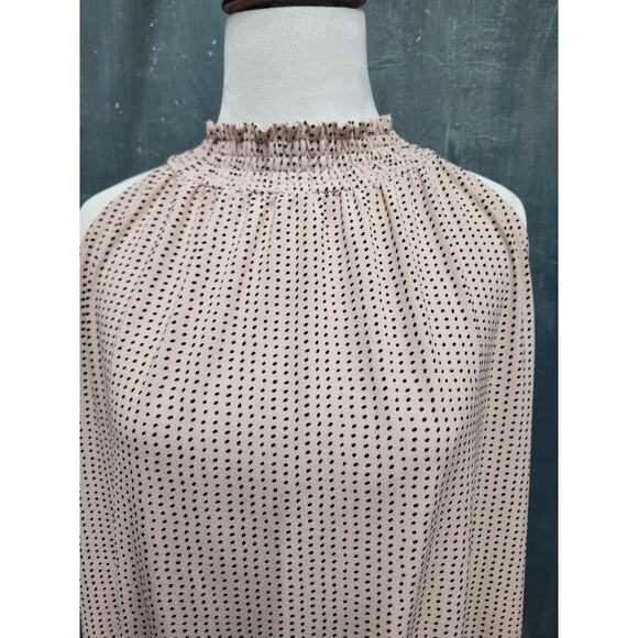 Adrianna Papell Blush Pink Black Polka Dot Knit Blouse High Halter Neck Large - Picture 2 of 13
